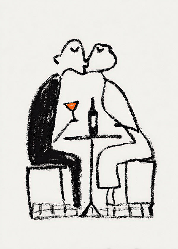 Kitchen art: couple sharing a wine