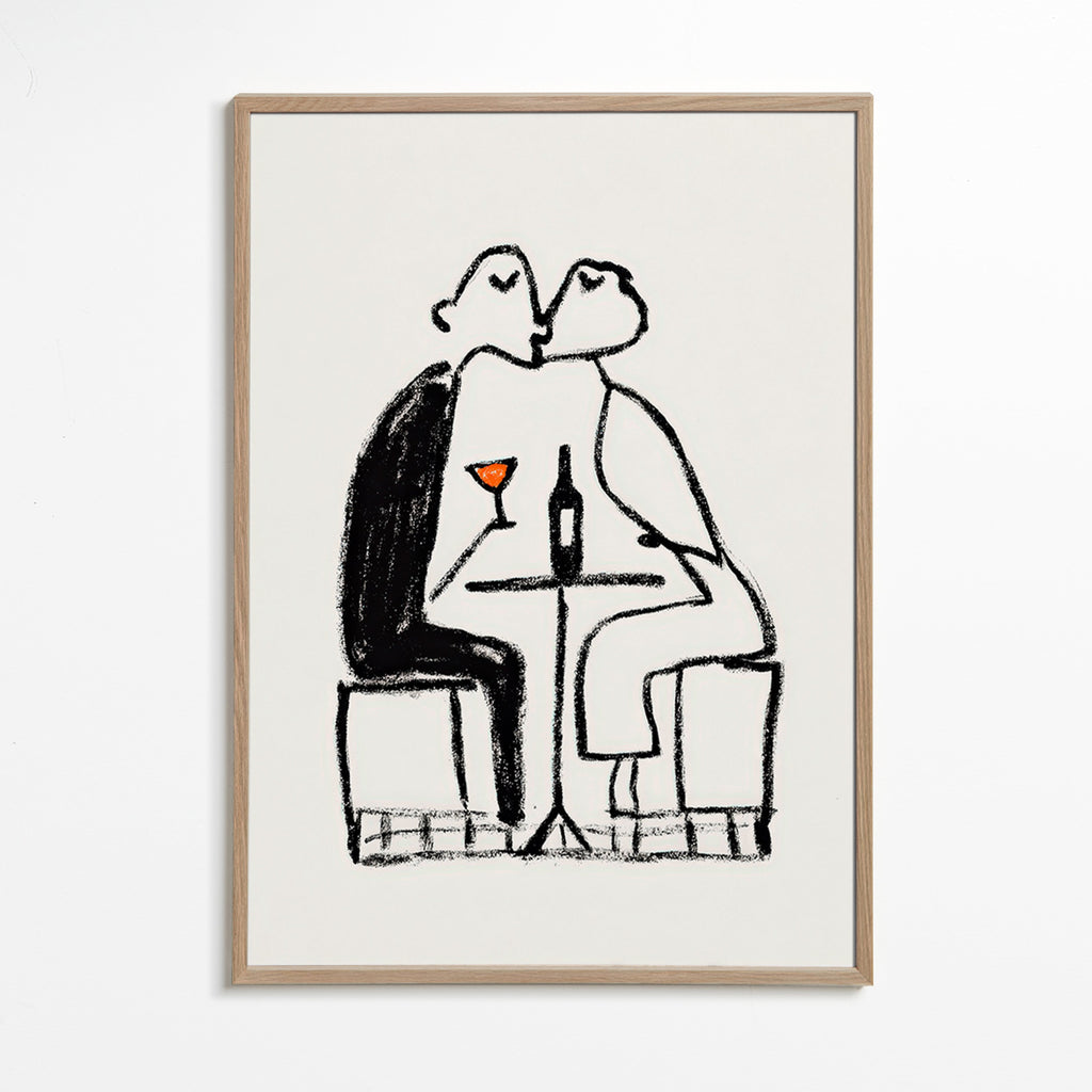 Kitchen art: couple sharing a wine