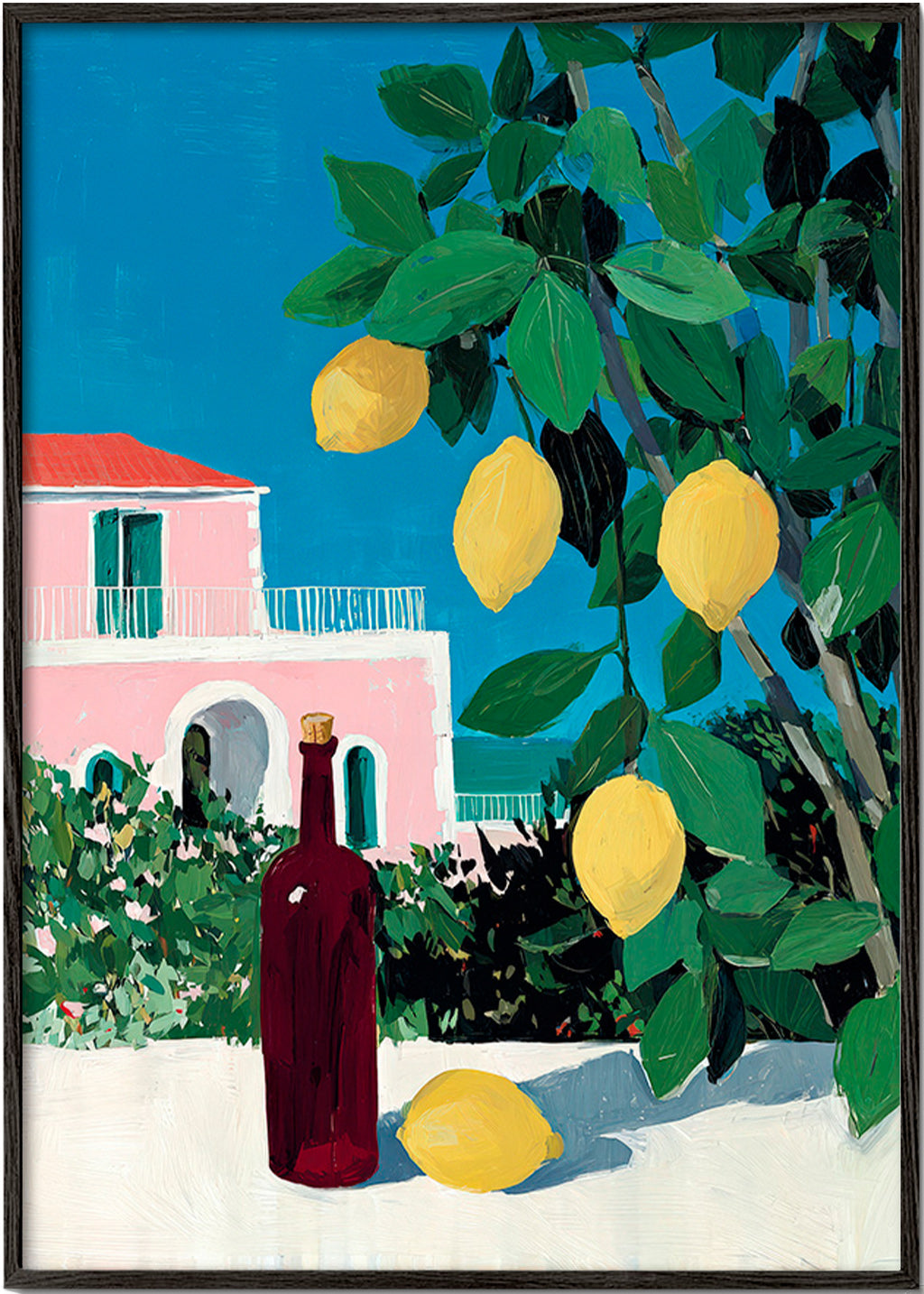 Kitchen art with lemons and bottle