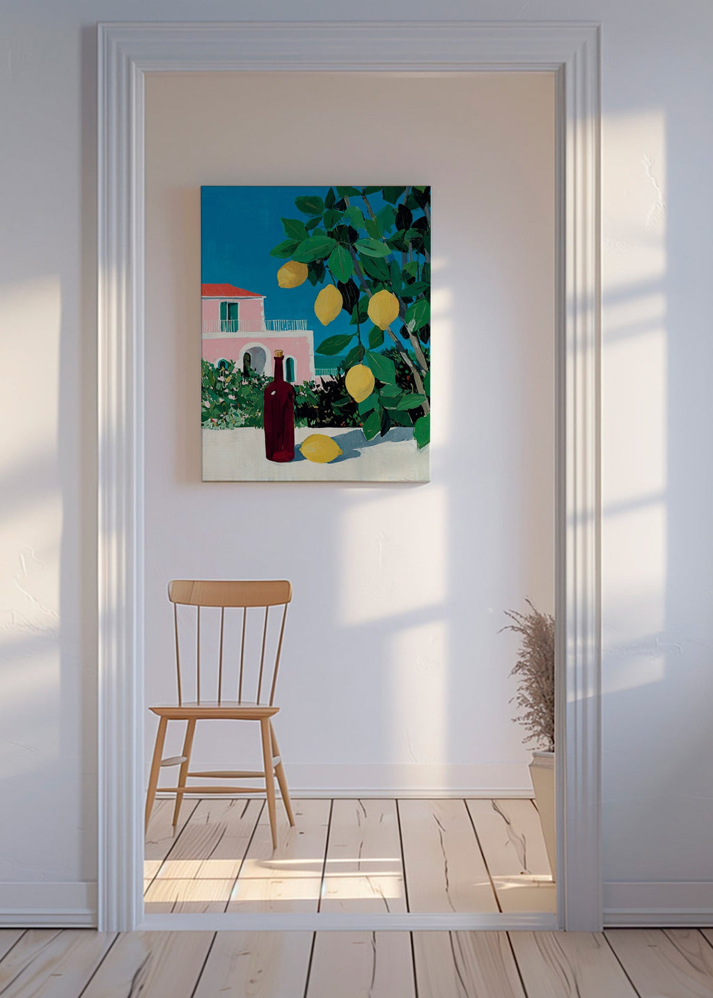 Kitchen art with lemons and bottle
