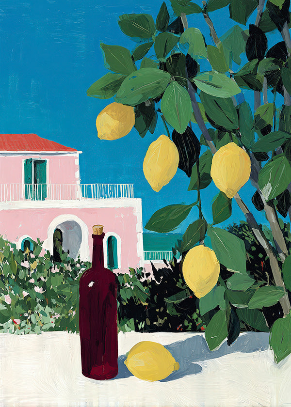 Kitchen art with lemons and bottle