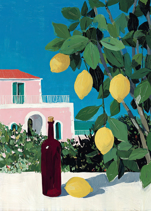 Kitchen art with lemons and bottle