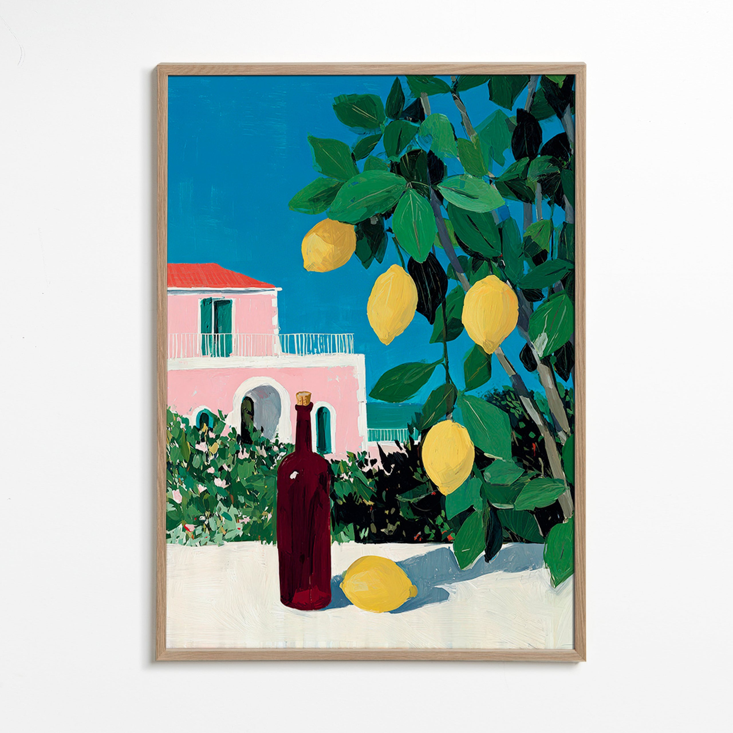 Kitchen art with lemons and bottle