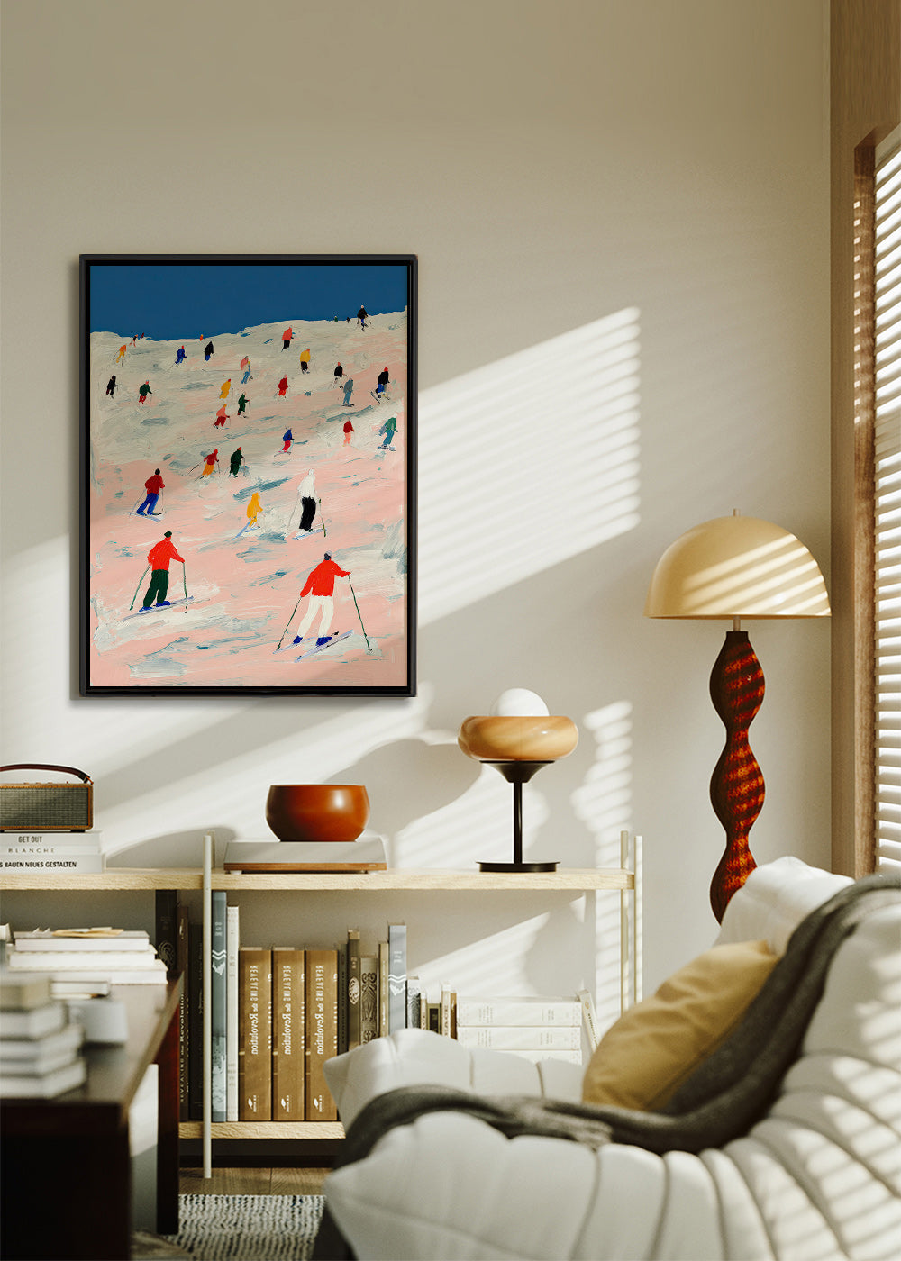 Ski sports artwork on colorful slope
