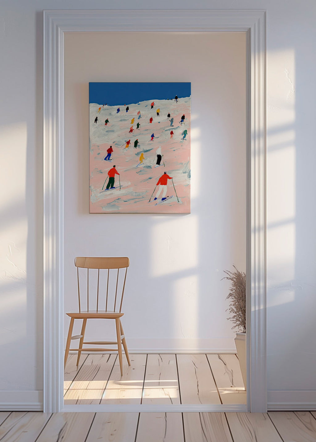 Ski sports artwork on colorful slope