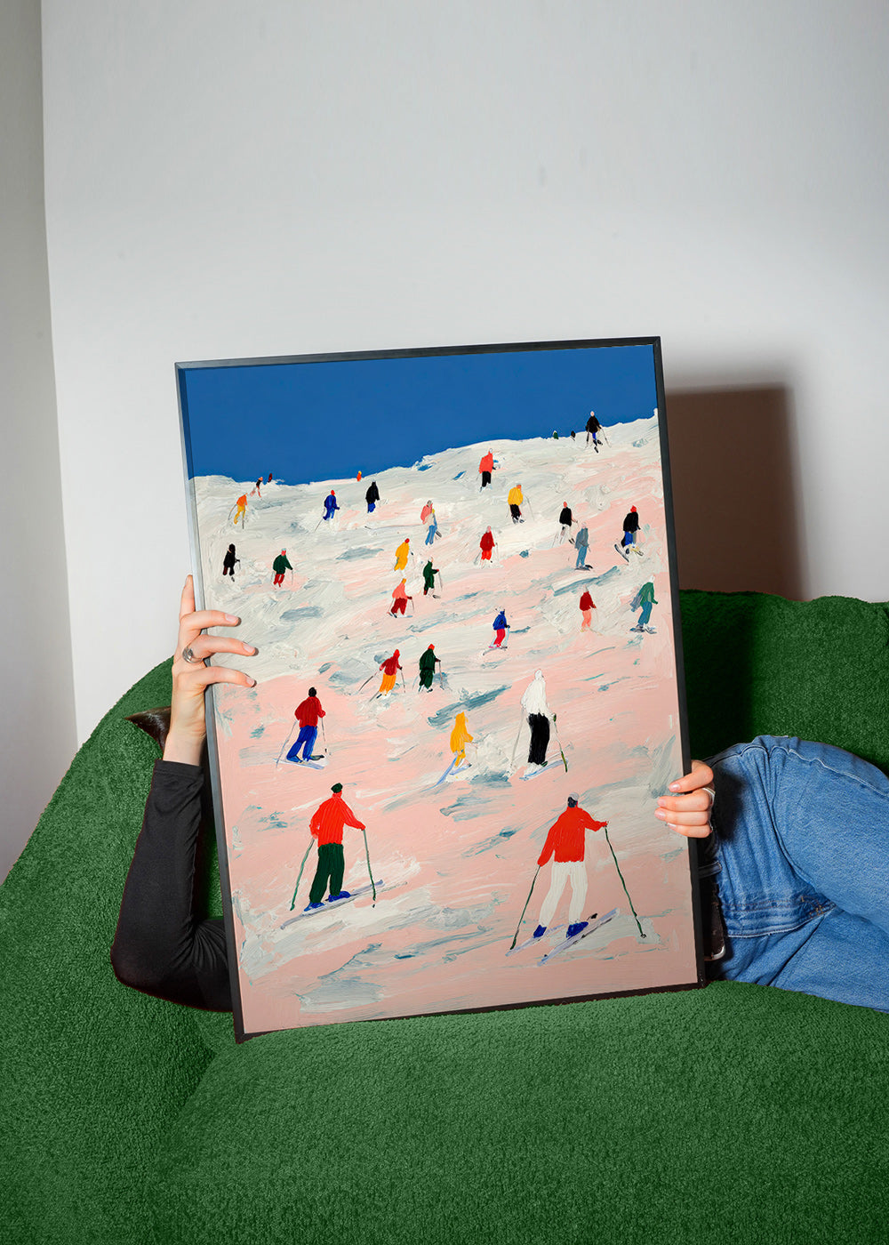 Ski sports artwork on colorful slope