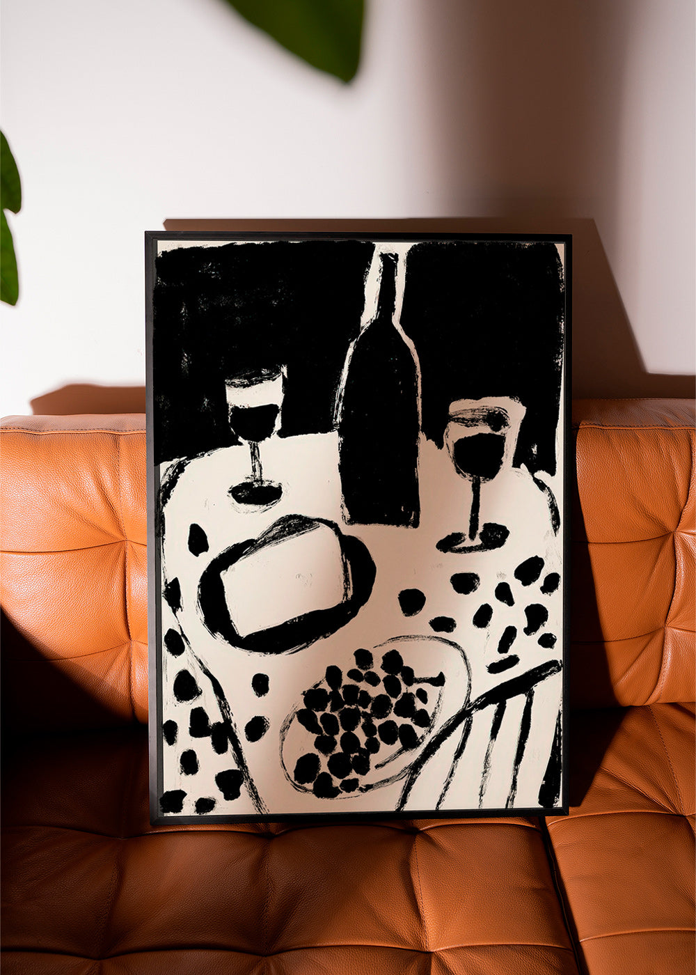 Kitchen art: bottle and grapes monochrome
