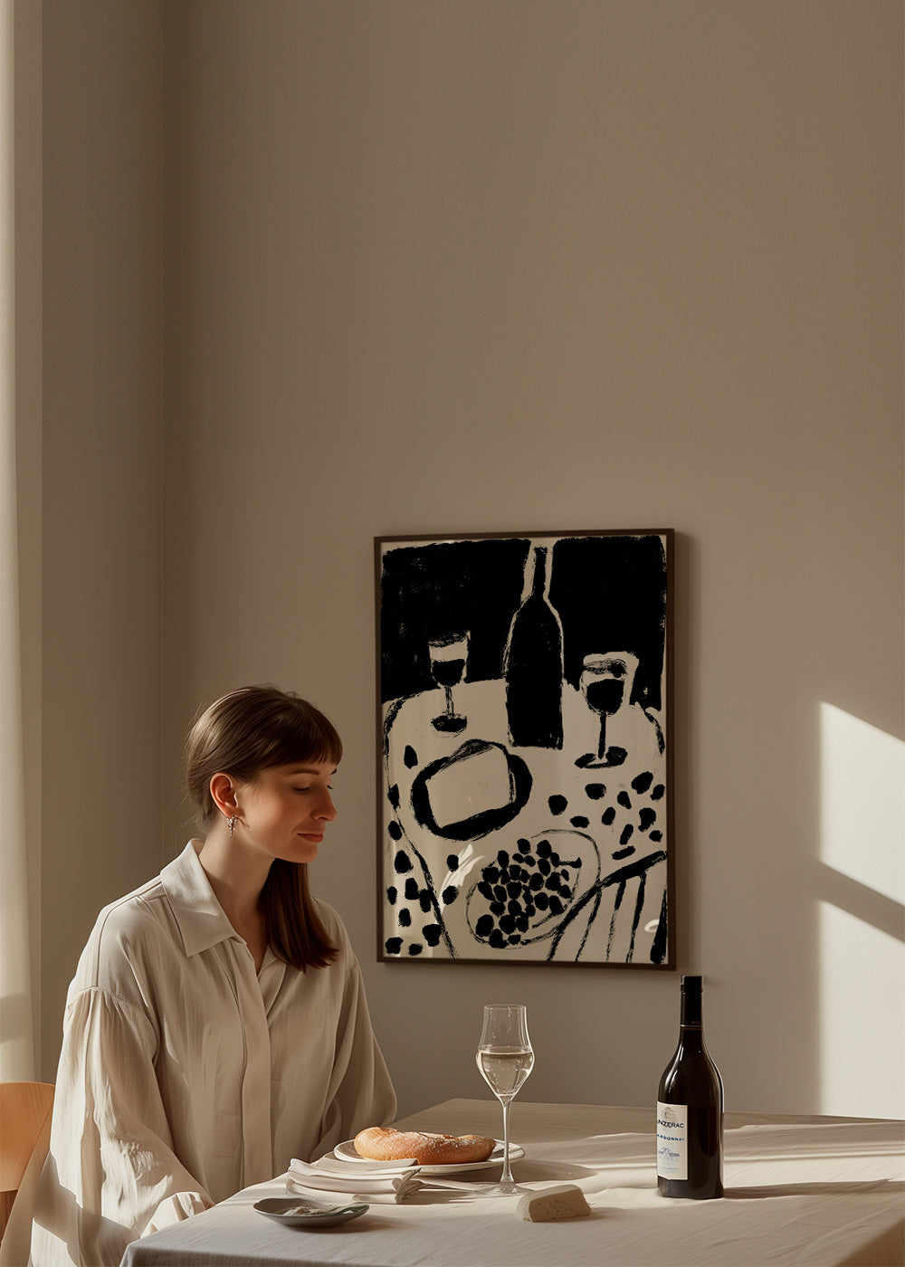 Kitchen art: bottle and grapes monochrome
