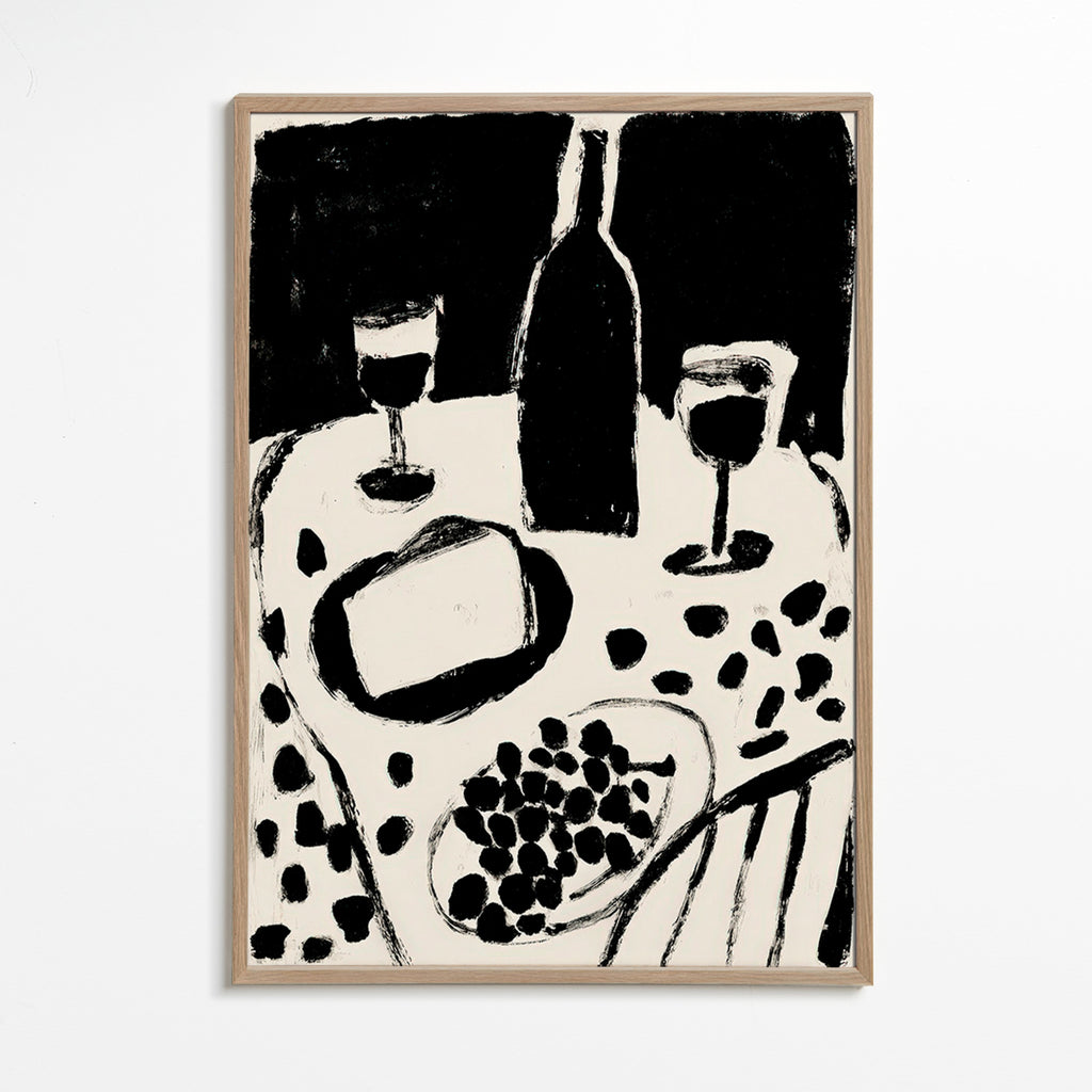 Kitchen art: bottle and grapes monochrome