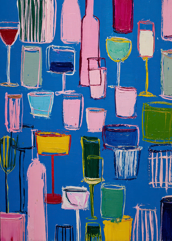 Kitchen art: colorful cocktails on blue background