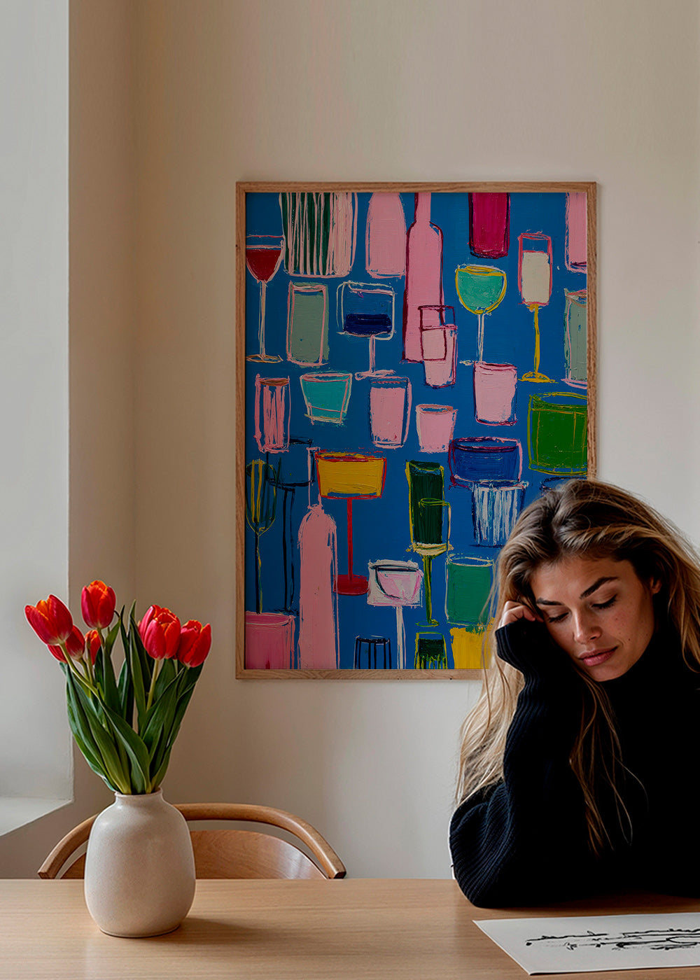 Kitchen art: colorful cocktails on blue background