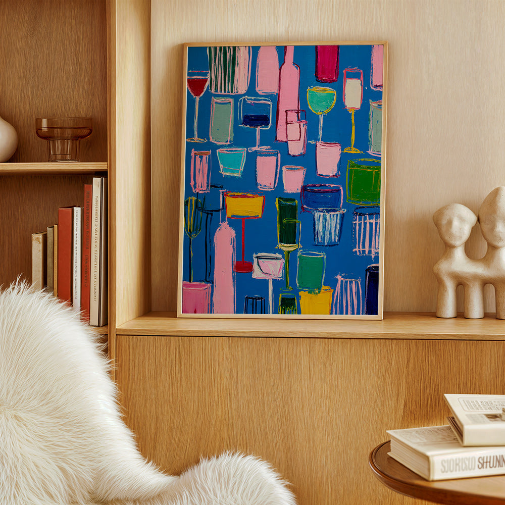 Kitchen art: colorful cocktails on blue background