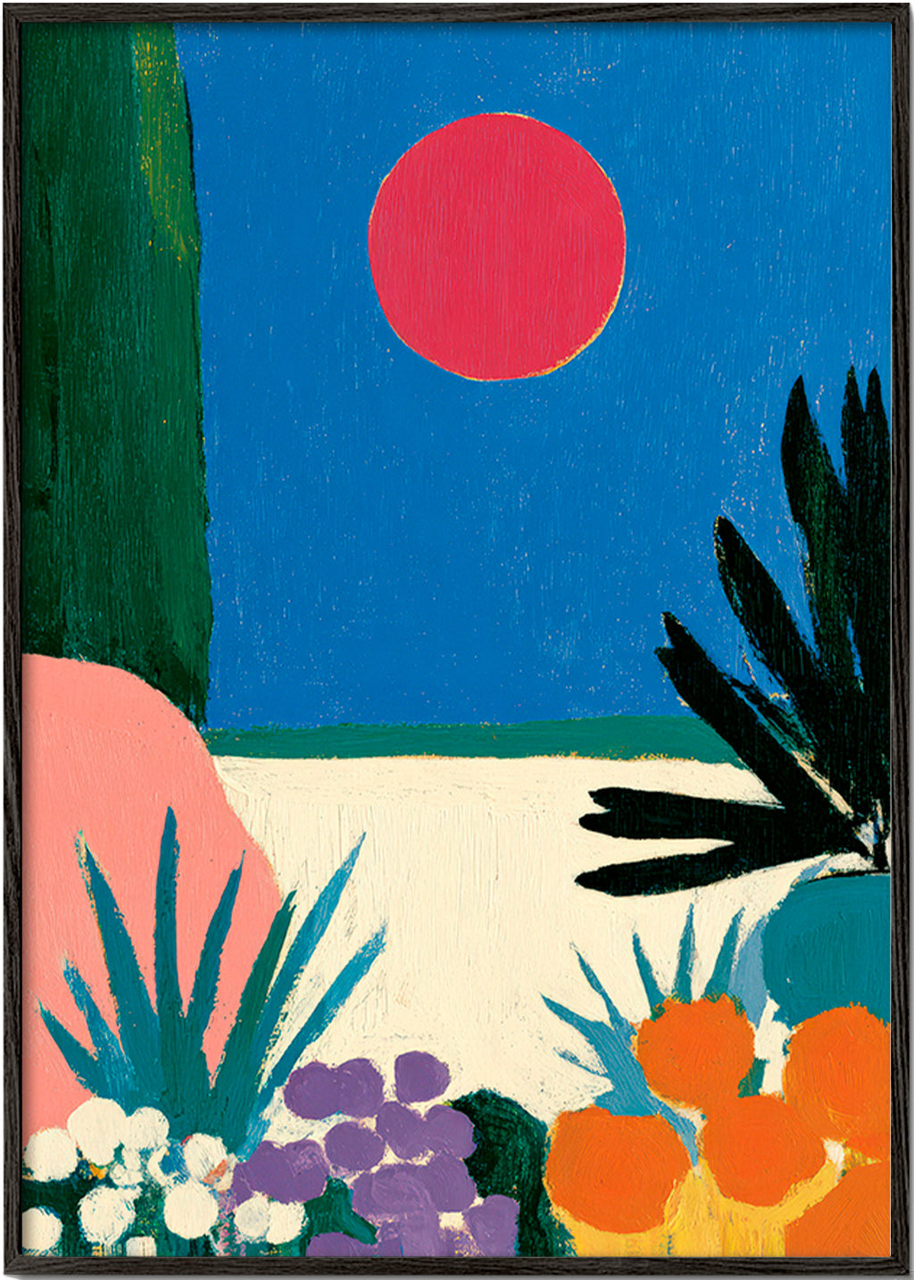 Botanical print with red moon and stylized garden