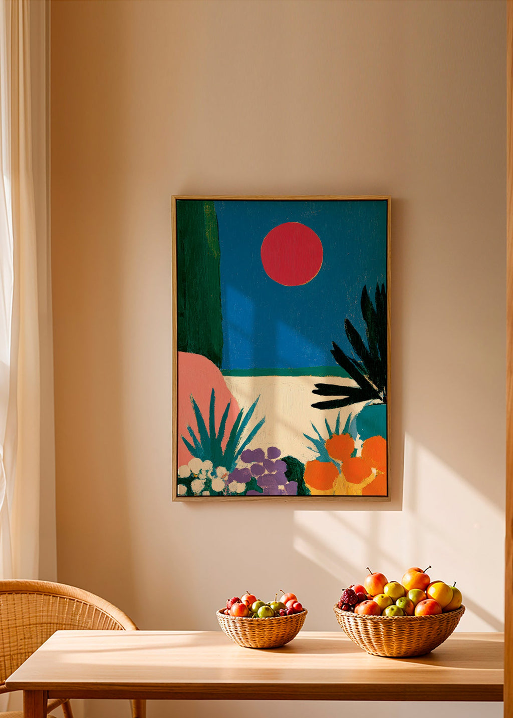 Botanical print with red moon and stylized garden
