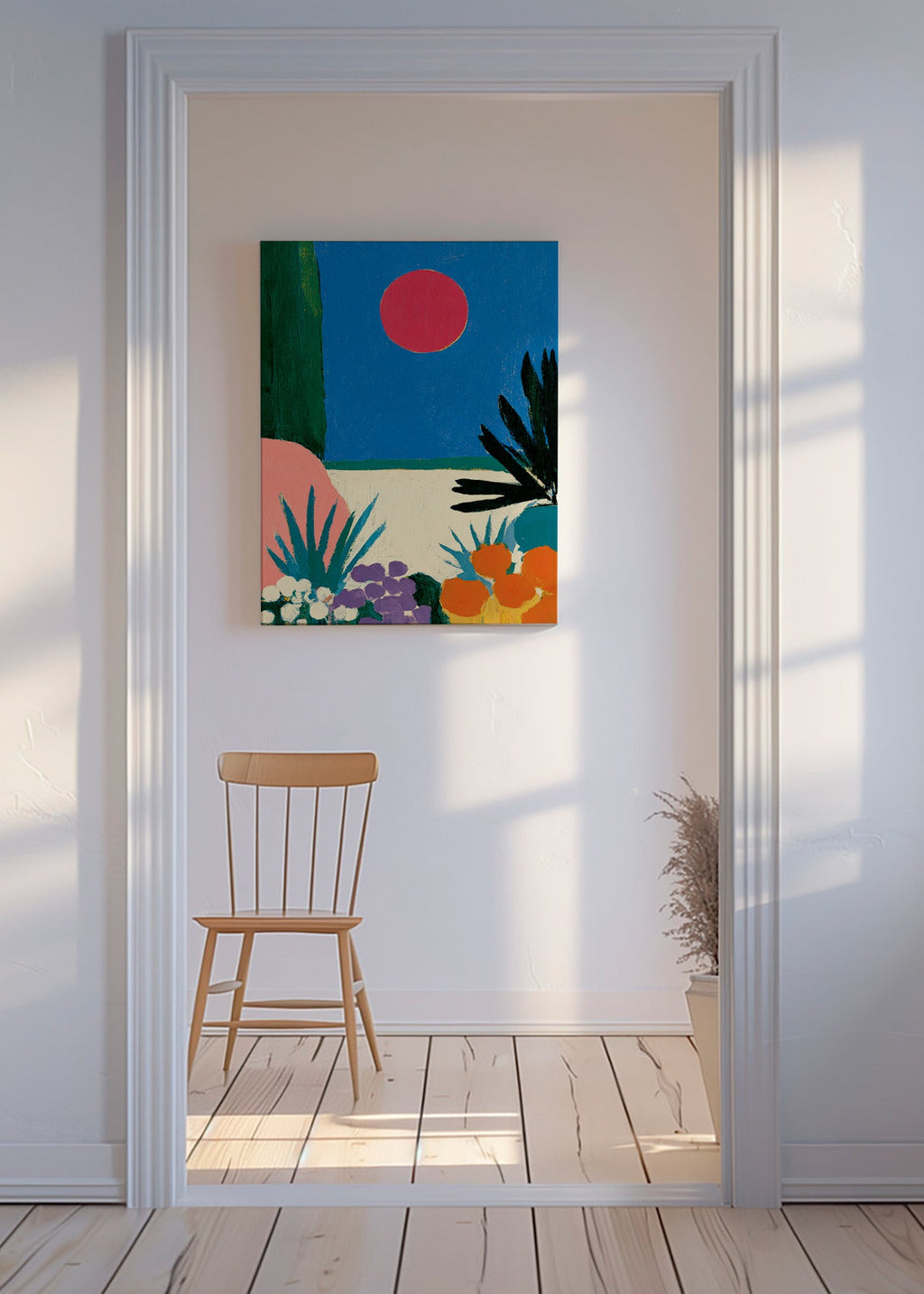 Botanical print with red moon and stylized garden