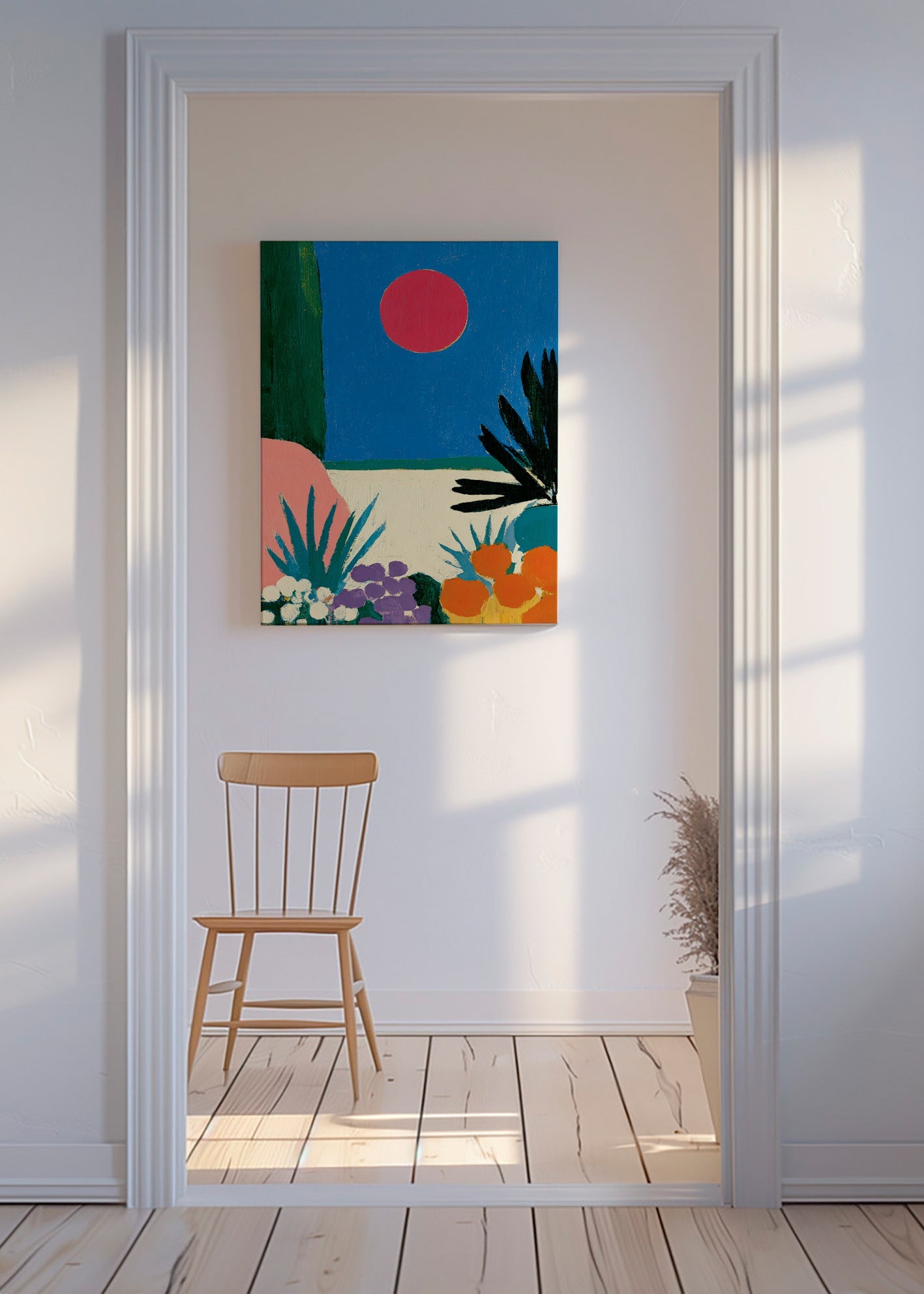 Botanical print with red moon and stylized garden