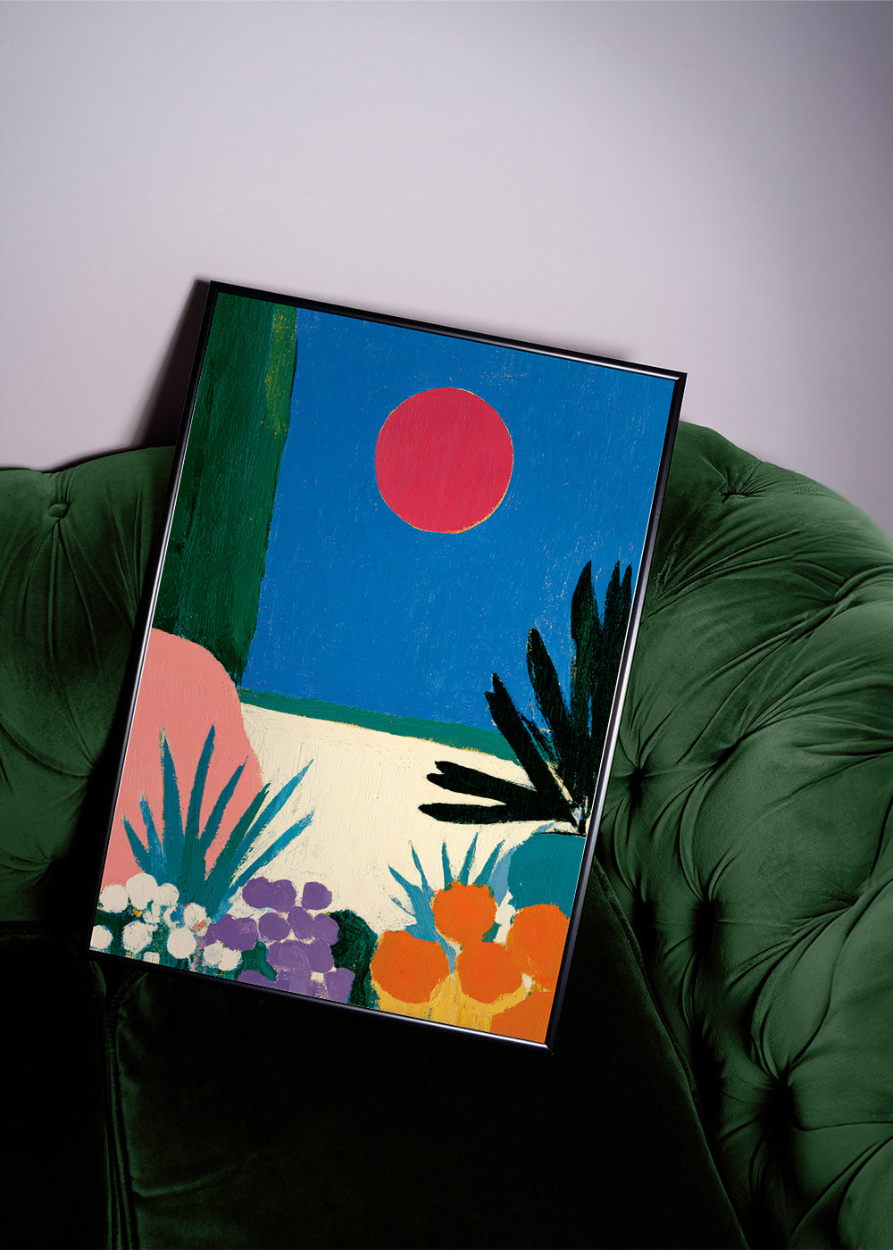 Botanical print with red moon and stylized garden