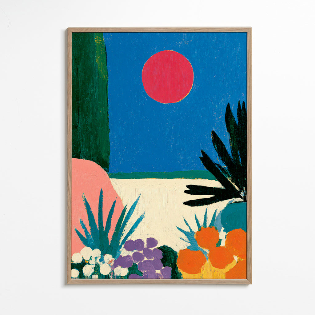 Botanical print with red moon and stylized garden