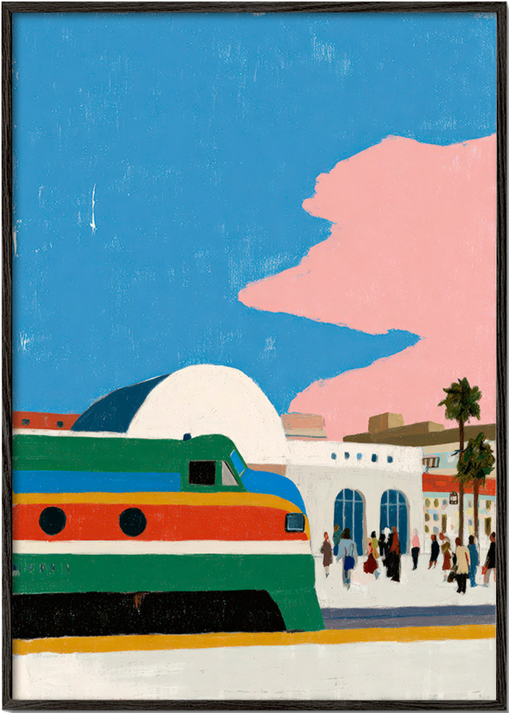 Train station artwork with colorful carriage