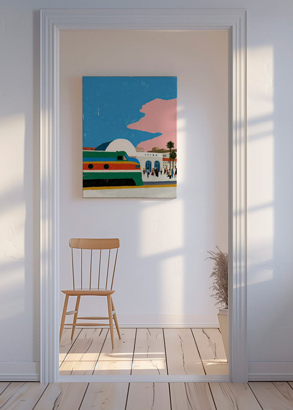 Train station artwork with colorful carriage