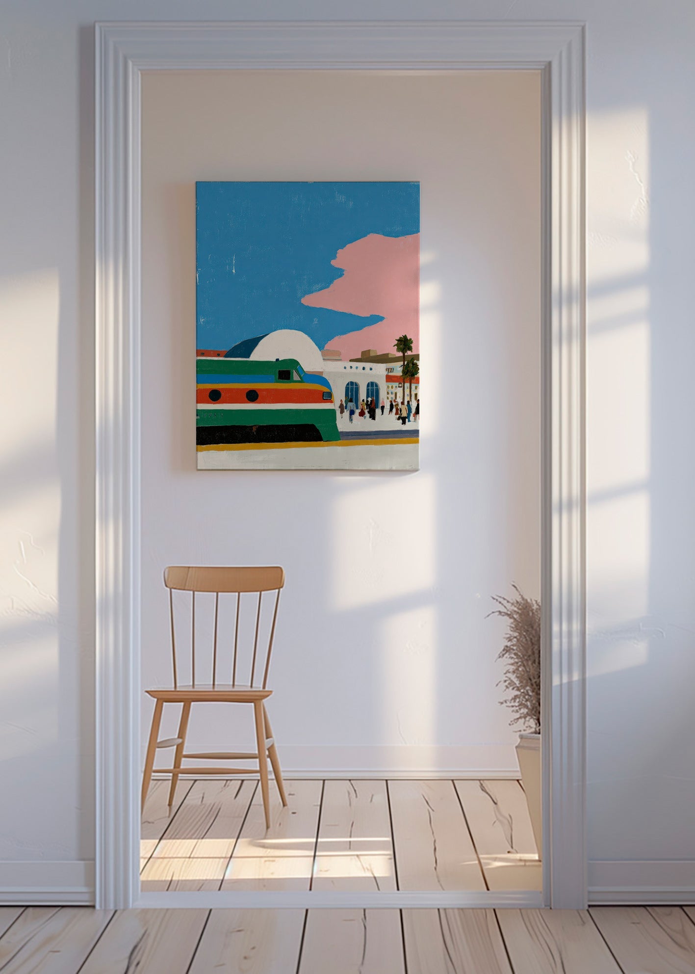 Train station artwork with colorful carriage