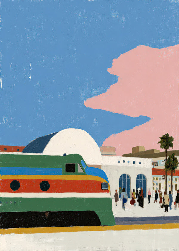 Train station artwork with colorful carriage