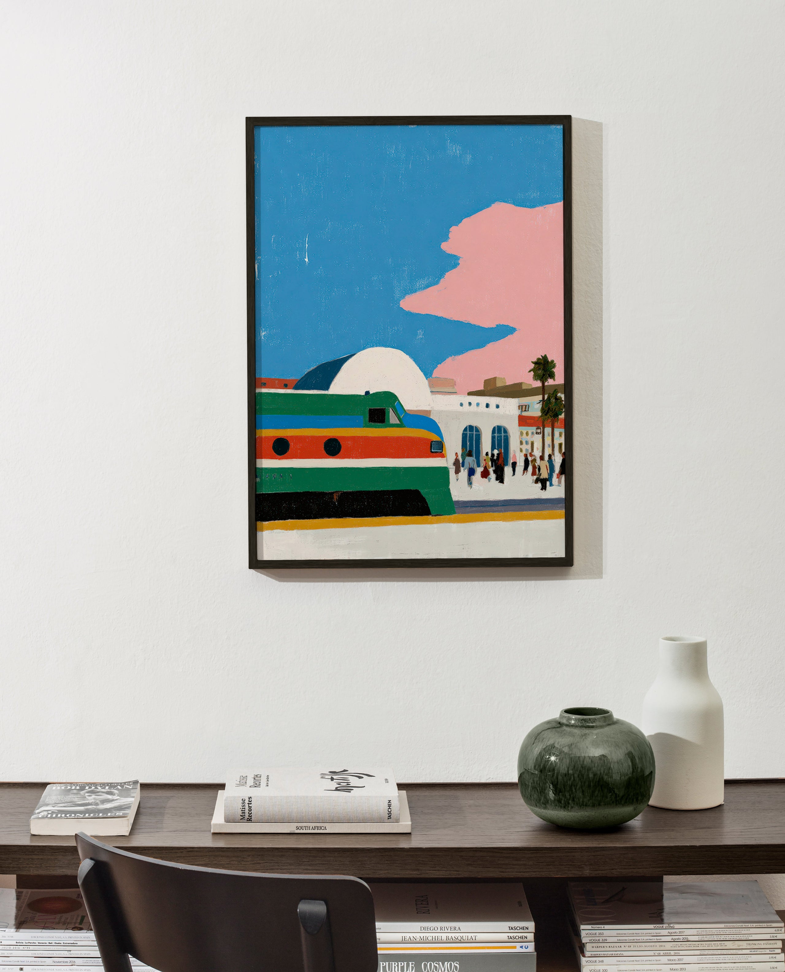 Train station artwork with colorful carriage