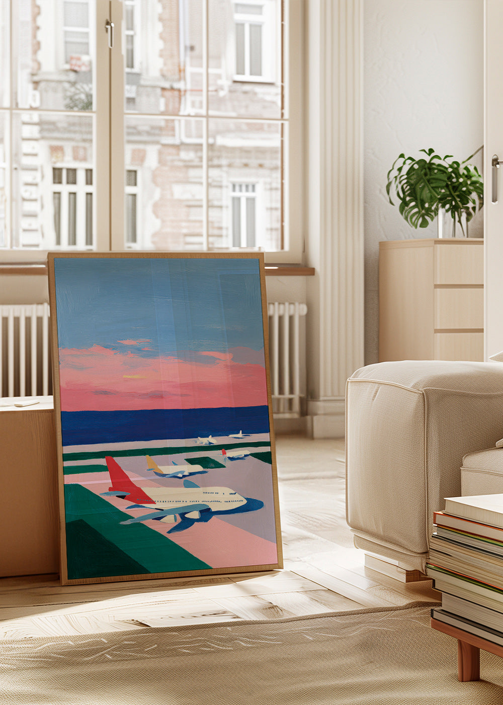 Travel poster: sunset runway scene