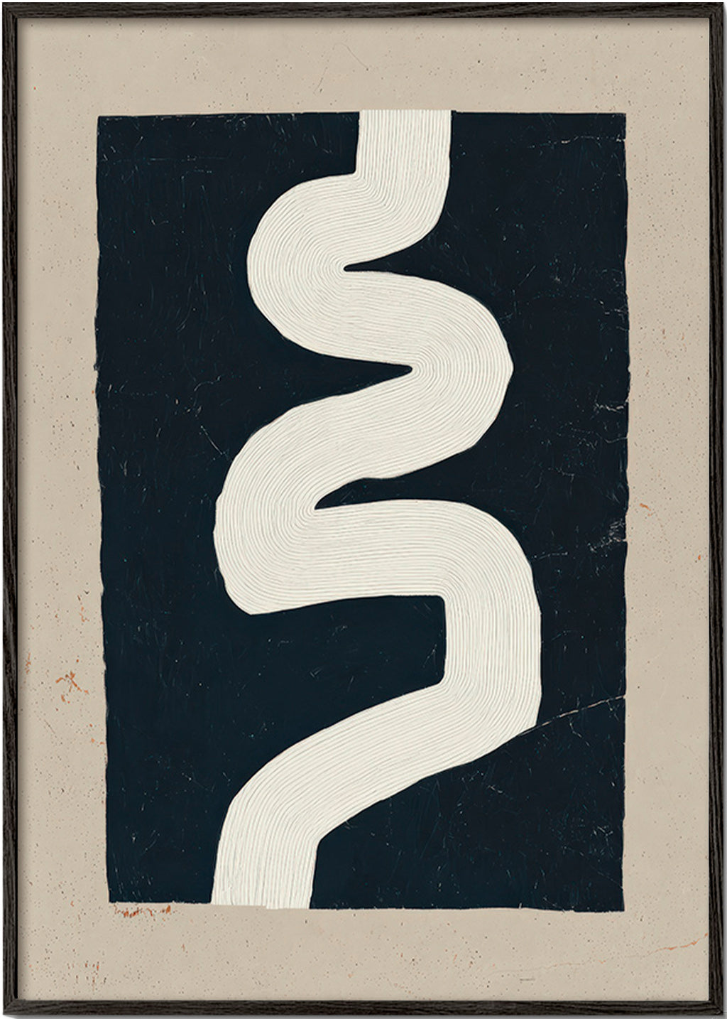 Minimalist print with a white curve on a dark panel