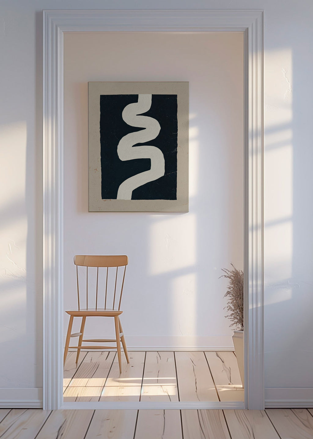 Minimalist print with a white curve on a dark panel