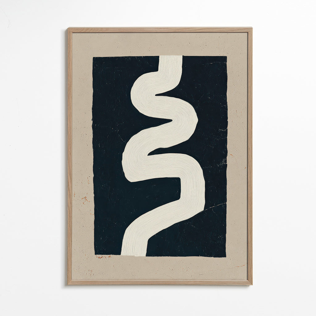 Minimalist print with a white curve on a dark panel