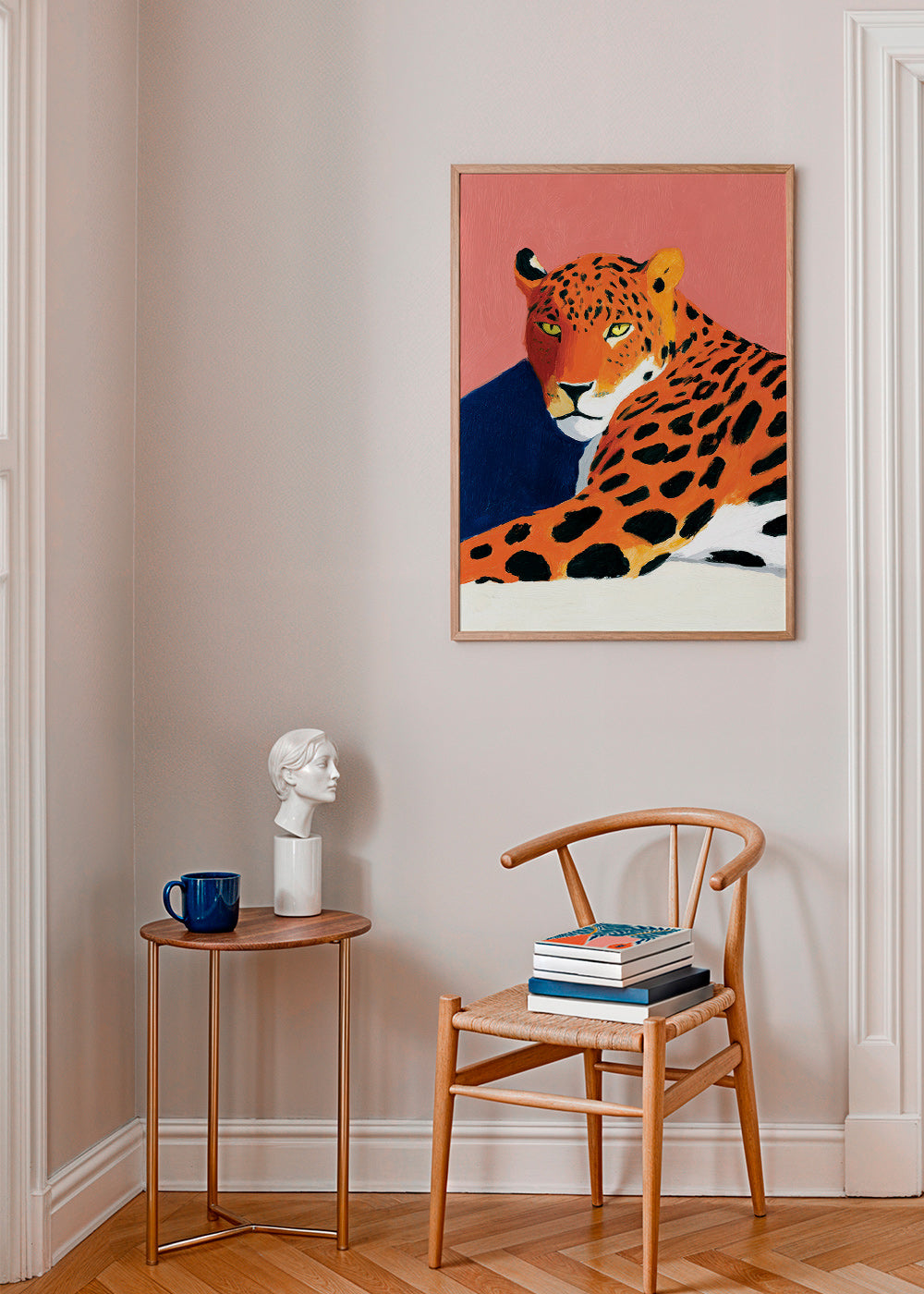 Artwork: Resting leopard on pink background