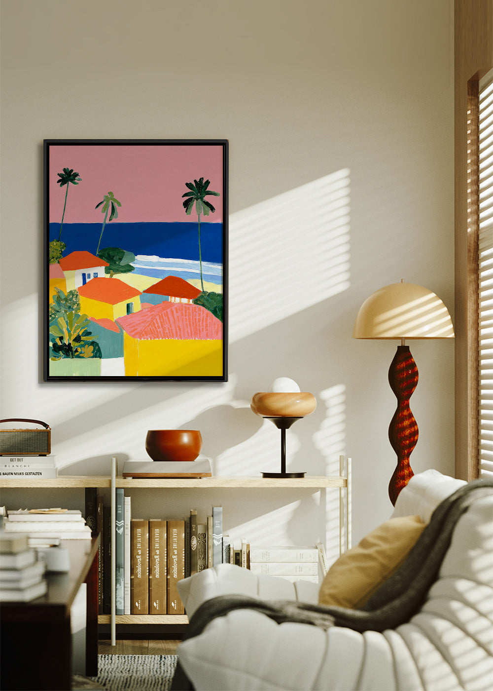 Landscape art: palms and warm-colored houses