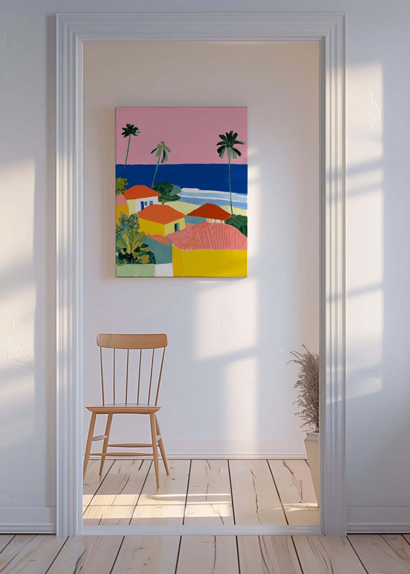 Landscape art: palms and warm-colored houses