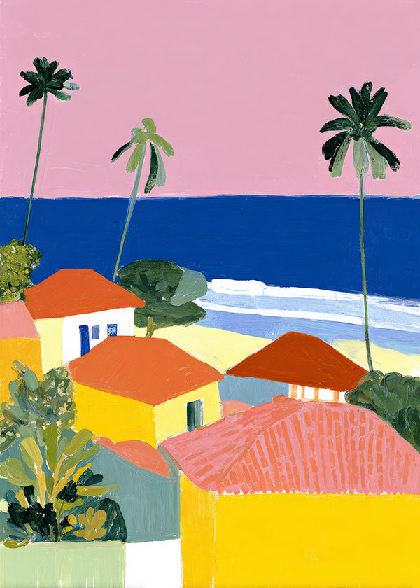 Landscape art: palms and warm-colored houses