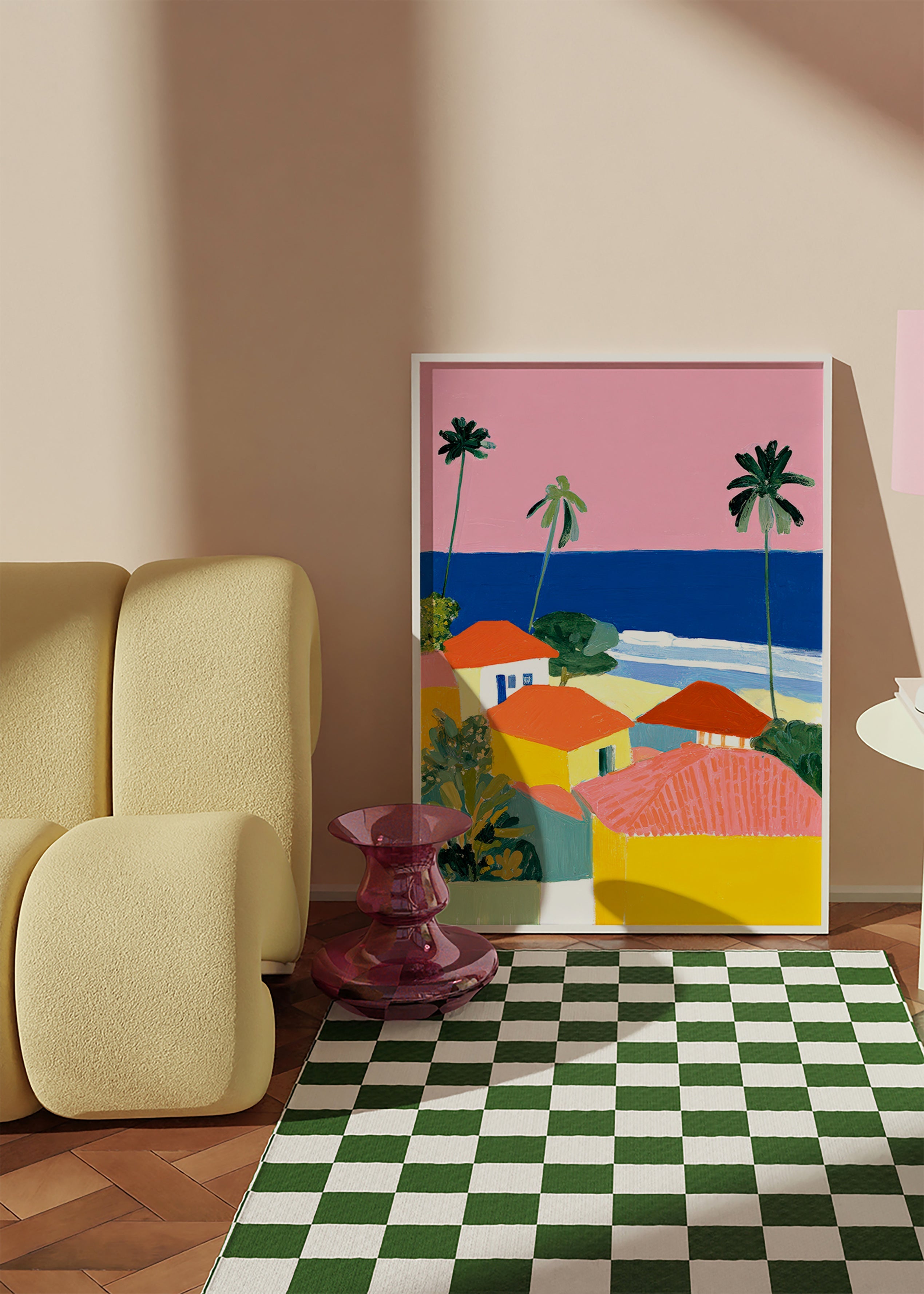 Landscape art: palms and warm-colored houses