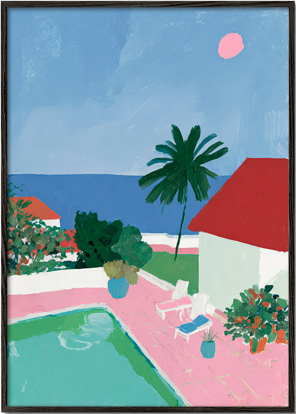 Landscape art: poolside palm and red-roof house