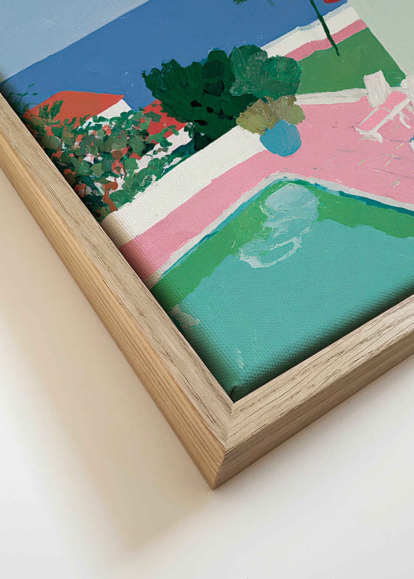 Landscape art: poolside palm and red-roof house