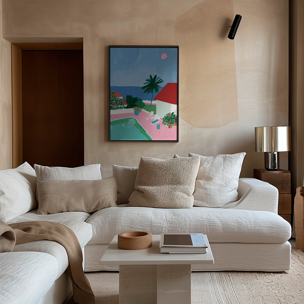 Landscape art: poolside palm and red-roof house
