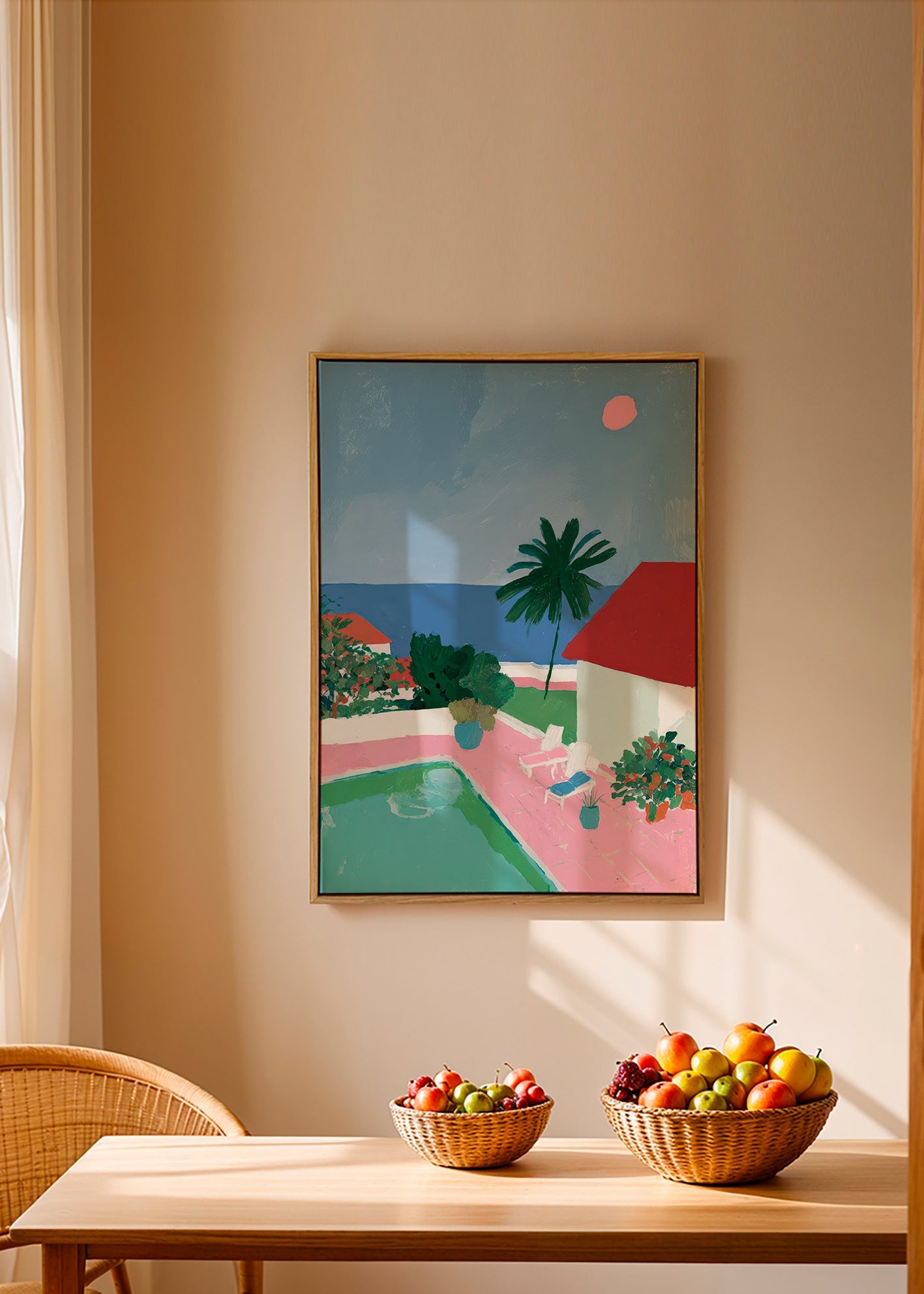 Landscape art: poolside palm and red-roof house