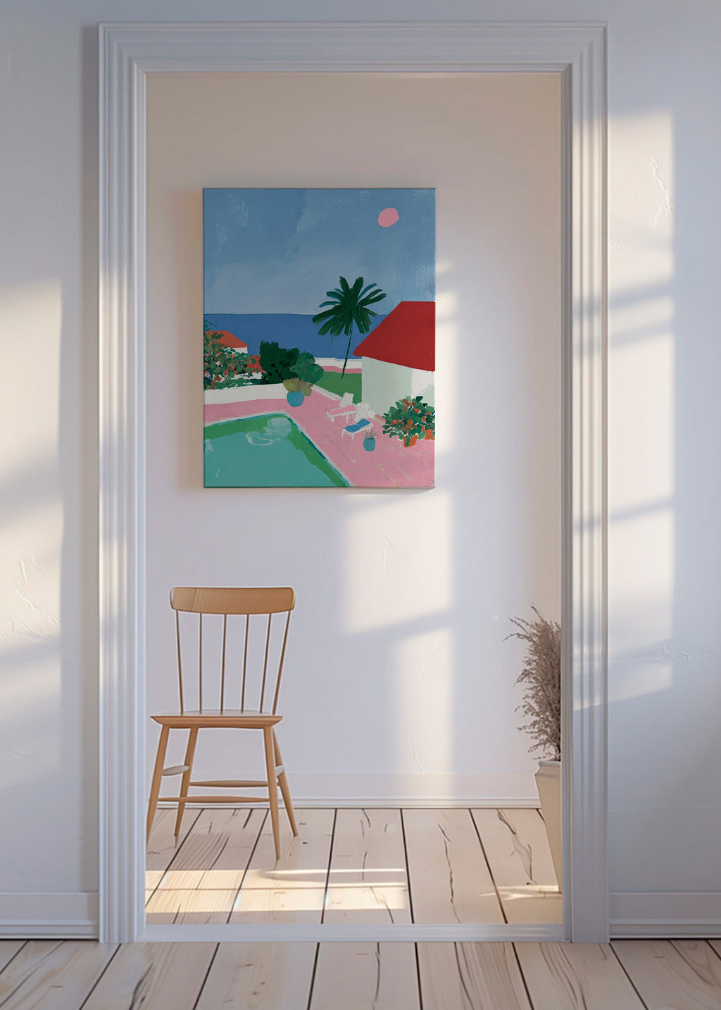 Landscape art: poolside palm and red-roof house