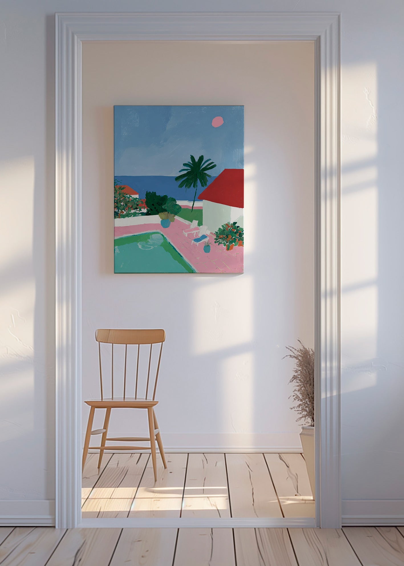 Landscape art: poolside palm and red-roof house
