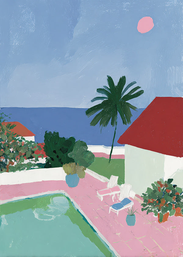 Landscape art: poolside palm and red-roof house