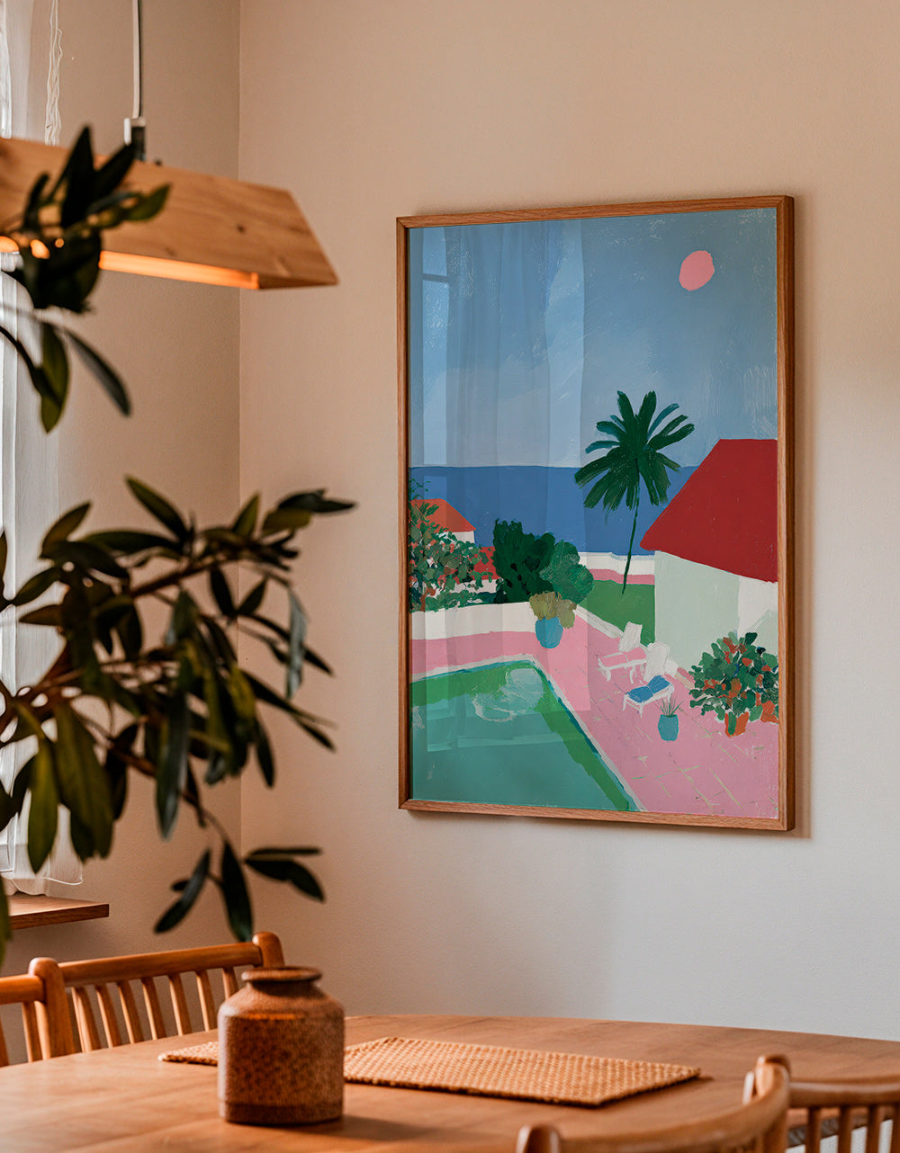 Landscape art: poolside palm and red-roof house