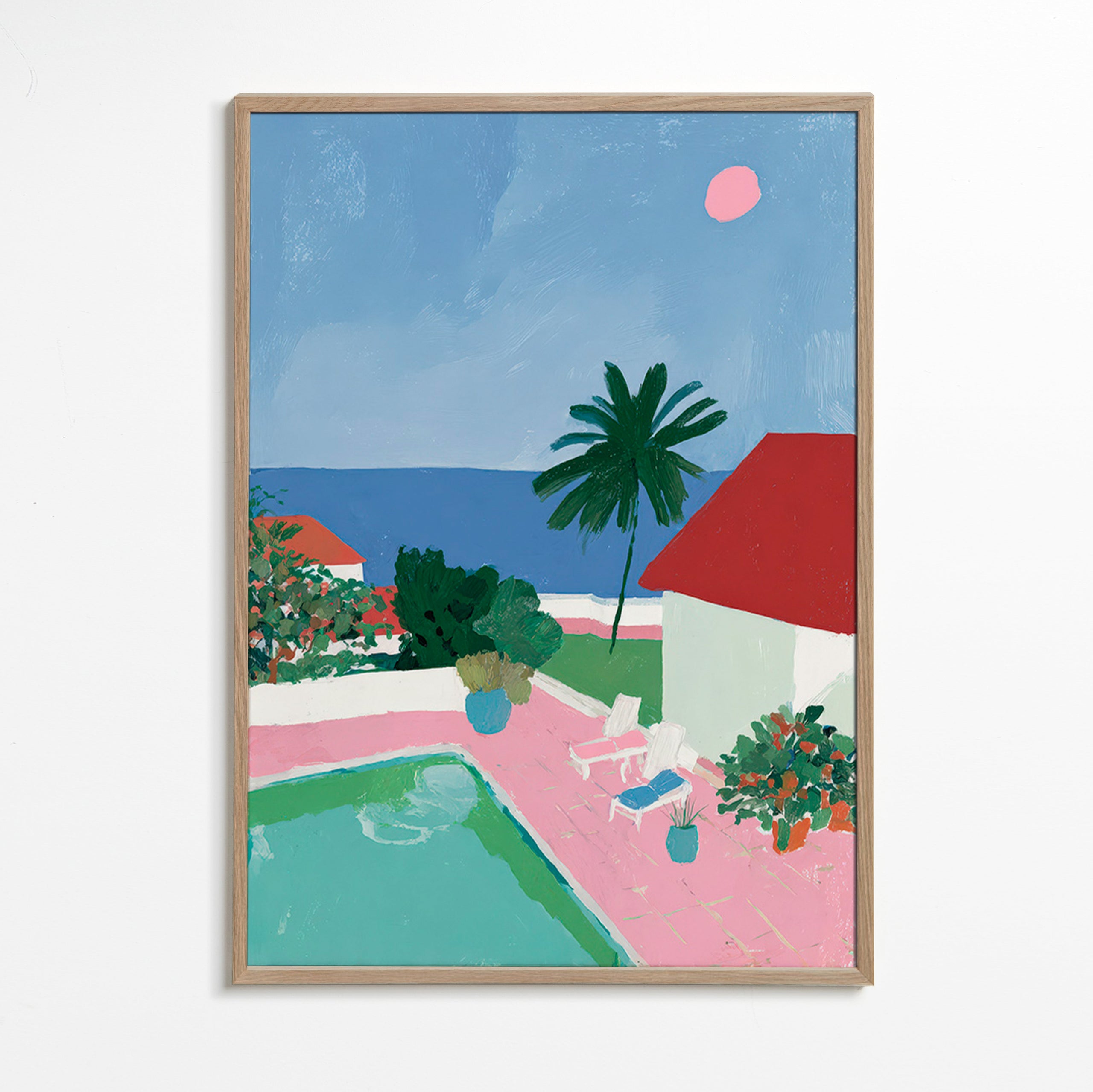 Landscape art: poolside palm and red-roof house