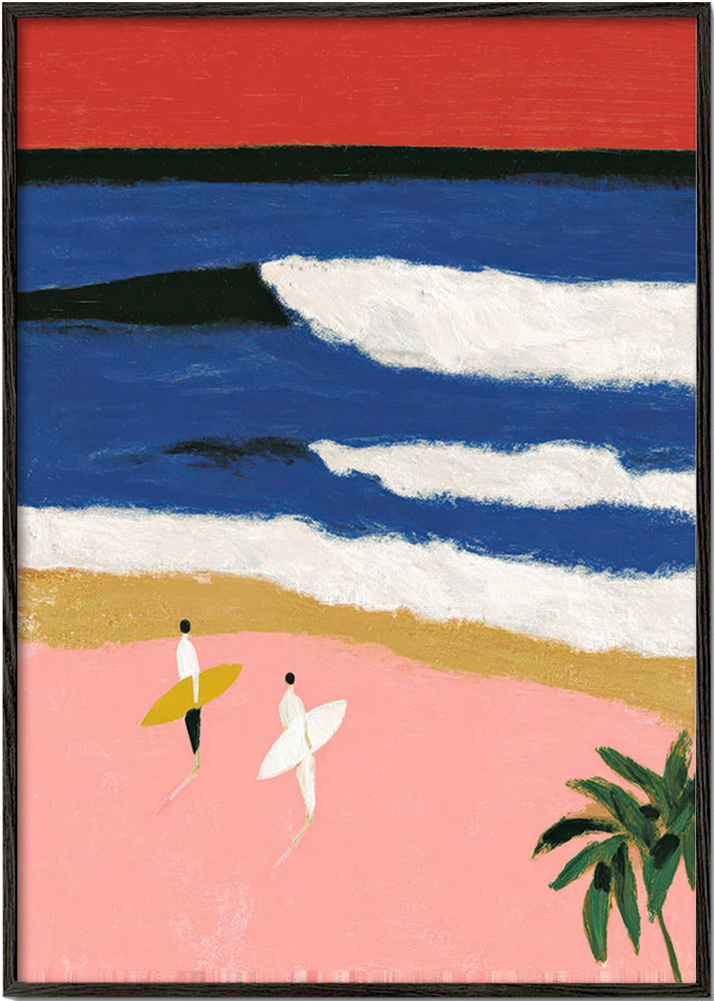 Landscape art with surfers and pink sand