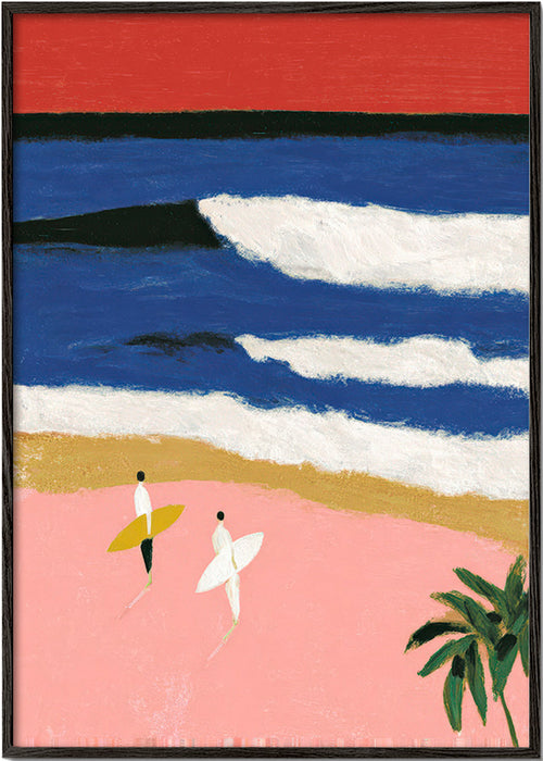 Landscape art with surfers and pink sand