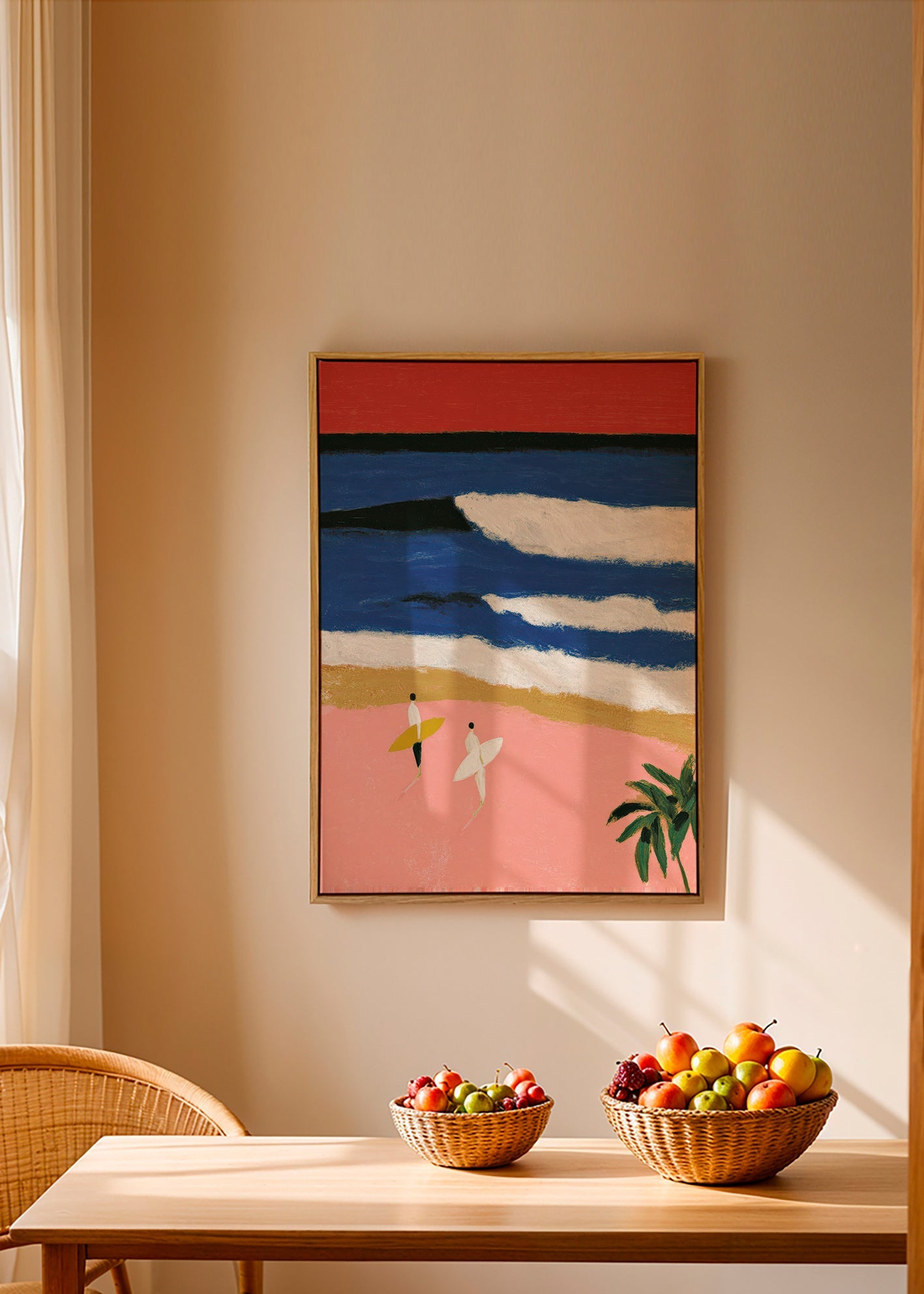 Landscape art with surfers and pink sand