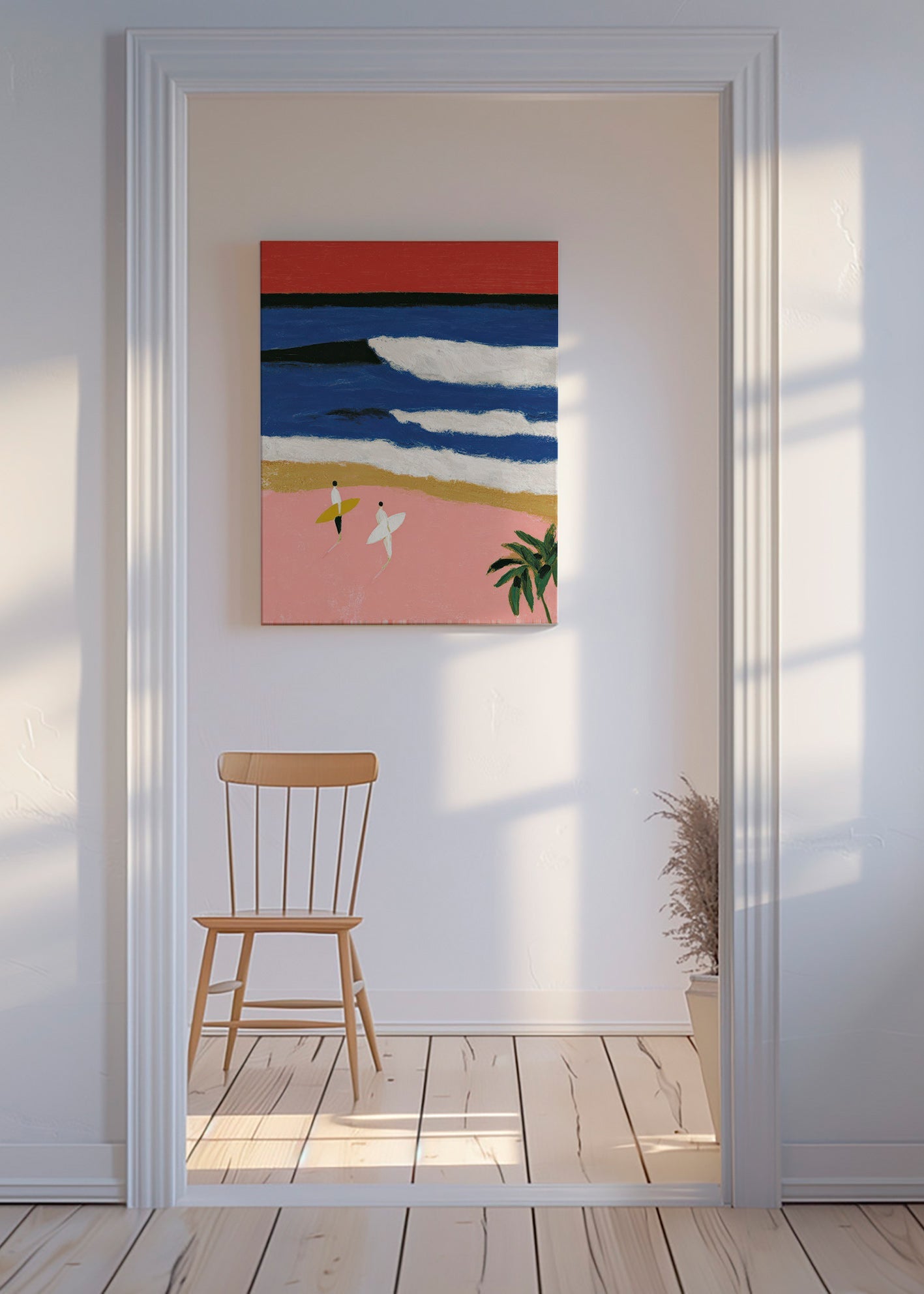 Landscape art with surfers and pink sand