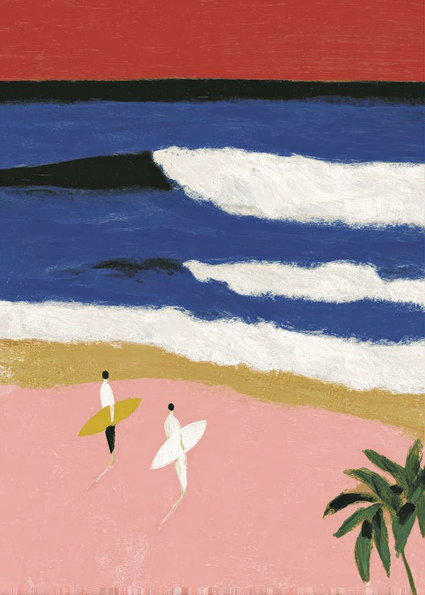 Landscape art with surfers and pink sand